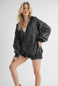 Aemi+Co Black Exposed Seam Zip Up Drawstring Hooded Jacket