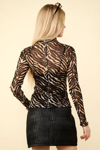 VERY J  Zebra Print Mock Neck Sheer Mesh Top