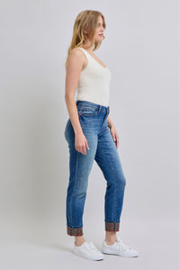 Judy Blue Plaid Cuffed Blue Denim Straight Leg Jeans