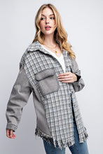 Load image into Gallery viewer, Sweet Generis Fringe Hem Tweed Mixed Denim Jacket
