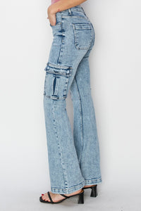 RISEN Blue Denim Cargo Flared Leg Jeans