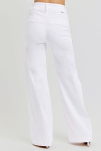 RISEN Tummy Control Double Button Wide Leg White Denim Jeans