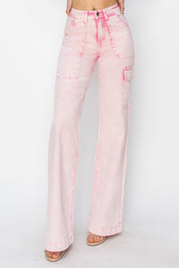 RISEN High Rise Cargo Pocket Pink Washed Denim Jeans