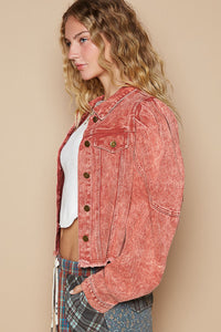 POL Raw Hem Button Down Cropped Red Denim Jacket