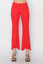 Load image into Gallery viewer, RISEN Chewed Raw Hem Flared Leg Red Denim Jeans
