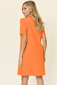 Double Take Solid Color Textured Collared Short Sleeve Dress