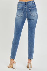 Risen High Rise Knee Distressed Skinny Blue Denim Jeans