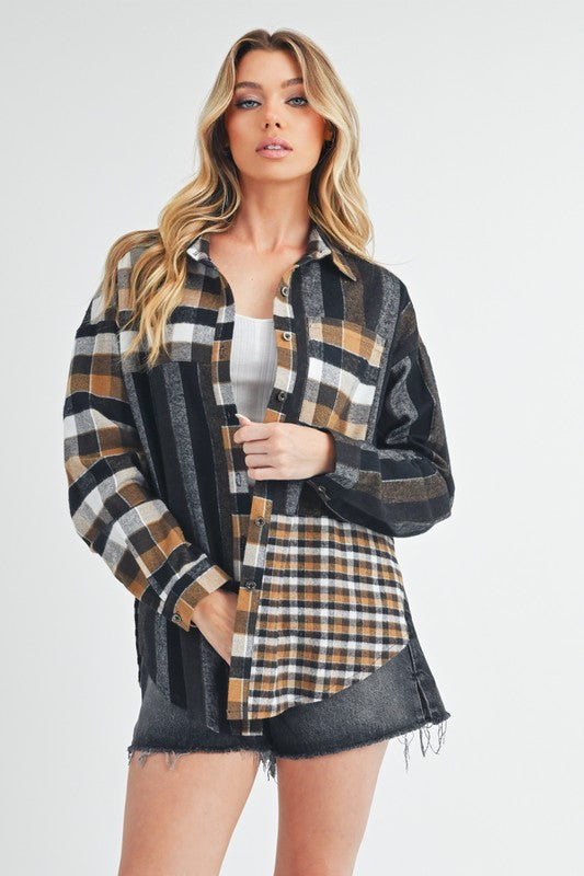 Aemi+Co Curved Hem Plaid Check Block Button Down Shirt