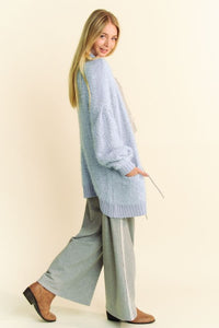 Davi & Dani Blue Ribbed Hem Button Down Longline Cardigan