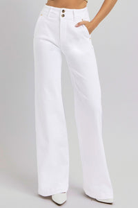 RISEN Tummy Control Double Button Wide Leg White Denim Jeans