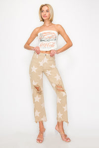 RISEN Star Pattern Frayed Hem Khaki Denim Jeans