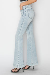 Risen Patch Pocket Flared Leg Light Blue Washed Denim Jeans