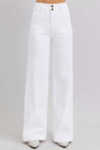 RISEN Tummy Control Double Button Wide Leg White Denim Jeans