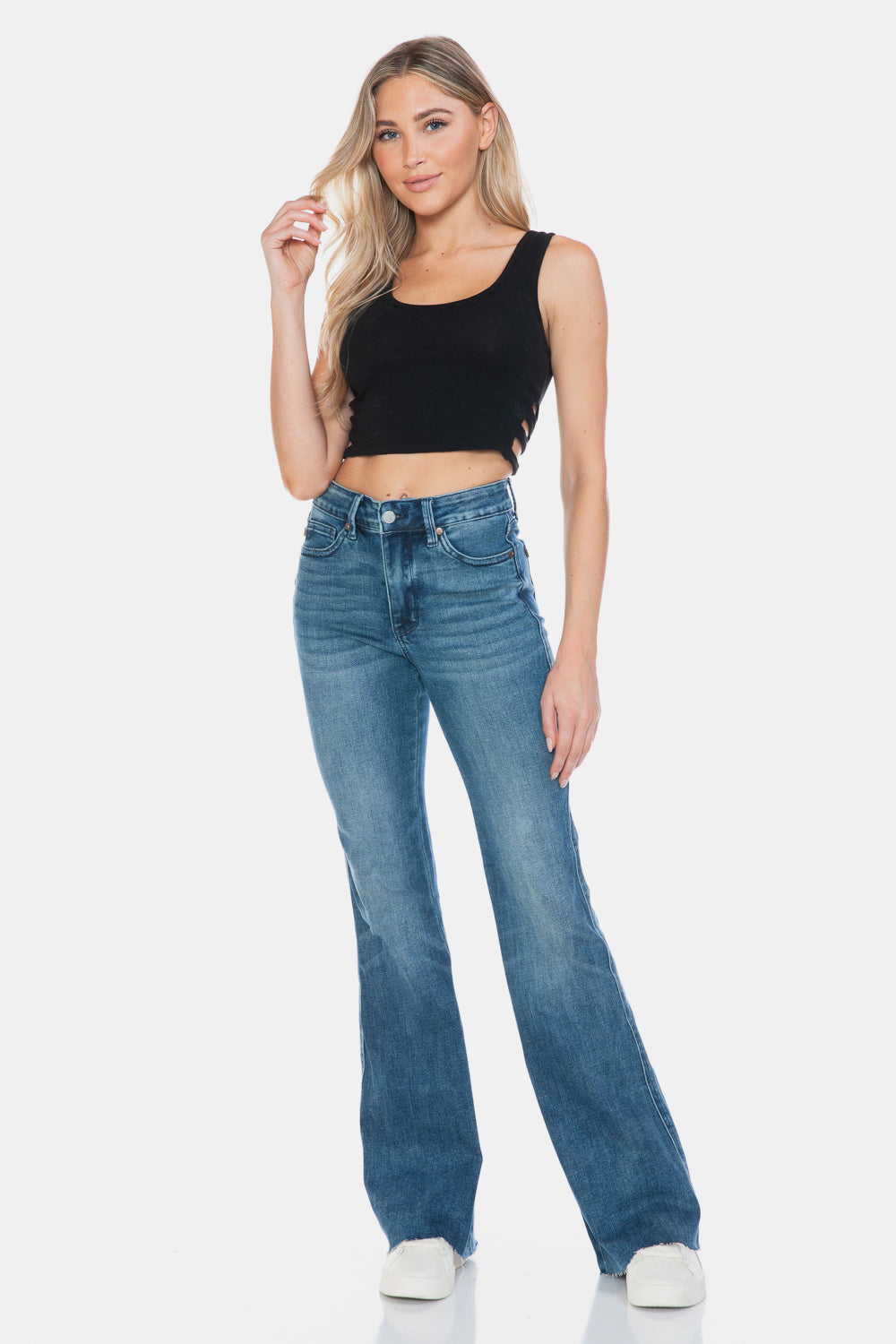 Judy Blue Tummy Control Raw Hem Blue Wash Denim Flared Leg Jeans