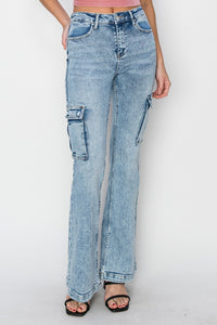 RISEN Blue Denim Cargo Flared Leg Jeans