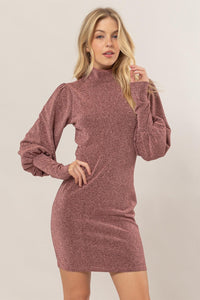 HYFVE Rose Glitter Mock Neck Long Sleeve Mini Dress