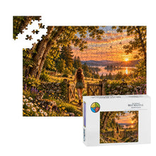 Cargar imagen en el visor de la galería, READY 500 piece puzzle featuring a woman walking through an open gate toward a glowing landscape with wildflowers, trees, deer, a rabbit, and birds.
