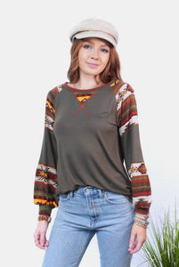 Celeste Earthy Color Block Aztec Long Sleeve Top