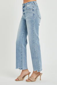 RISEN High Rise Raw Hem Blue Wash Denim Straight Leg Jeans