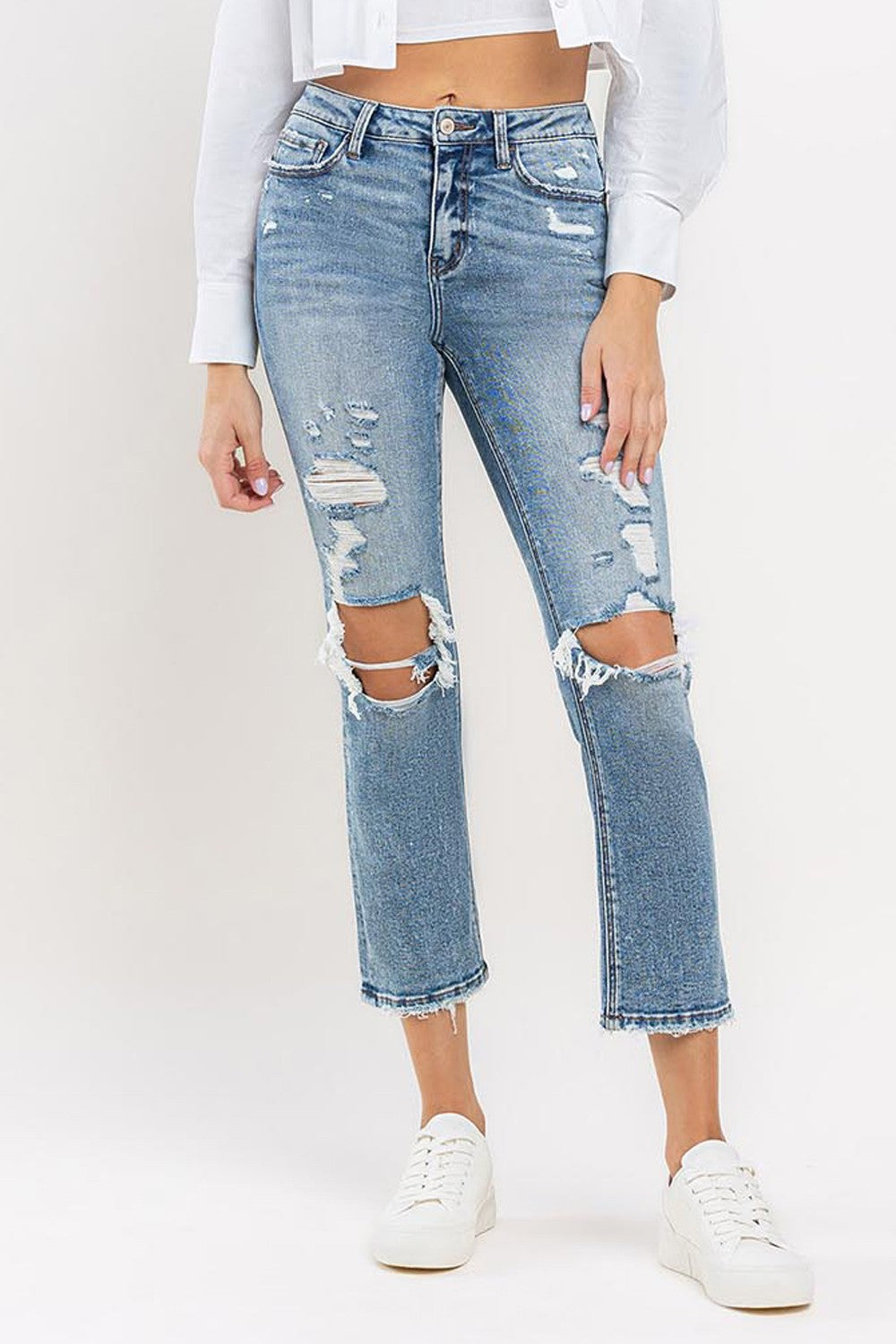 Lovervet by Flying Monkey Destroyed Cropped Straight Leg Blue Denim Jeans