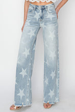 Load image into Gallery viewer, RISEN Star Pattern Raw Hem Wide Leg Blue Denim Jeans
