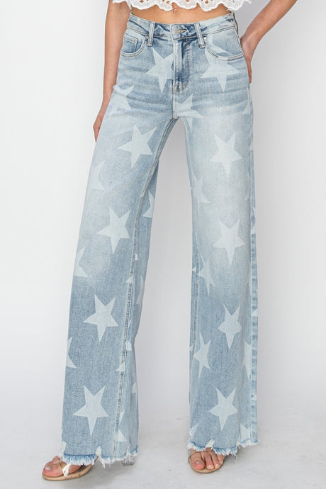 RISEN Star Pattern Raw Hem Wide Leg Blue Denim Jeans