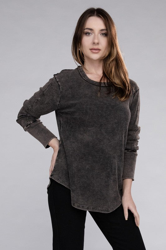 Zenana Mineral Washed Long Sleeve Soft Waffle Knit Top