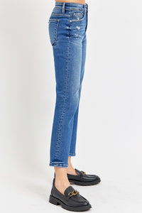 RISEN Tummy Control High Rise Cropped Blue Denim Bootcut Jeans