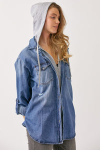 RISEN Zip Up Hooded Denim Blend Top