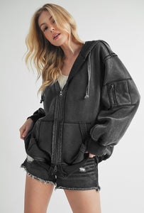 Aemi+Co Black Exposed Seam Zip Up Drawstring Hooded Jacket