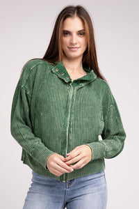 Zenana Acid Washed Cotton Waffle Woven Zip Up Hooded Jacket