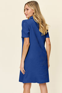 Double Take Solid Color Textured Collared Short Sleeve Dress