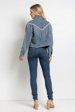 Ladda upp bild till gallerivisning, Sweet Generis Washed Rhinestone Fringe Cropped Denim Jacket
