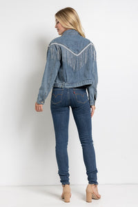 Sweet Generis Washed Rhinestone Fringe Cropped Denim Jacket