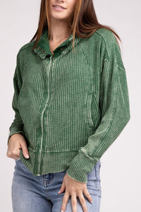 Zenana Acid Washed Cotton Waffle Woven Zip Up Hooded Jacket