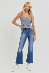 RISEN High Rise Distressed Crop Flared Leg Blue Denim Jeans