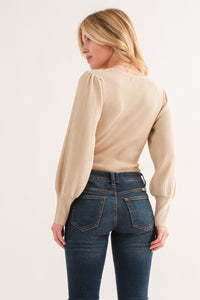 And The Why Beige Puffy Sleeve Rib Knit Bodysuit