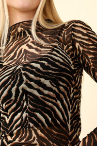 VERY J  Zebra Print Mock Neck Sheer Mesh Top