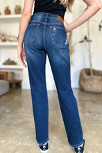 Load image into Gallery viewer, Judy Blue High Waist Destroyed Dark Blue Denim Straight Leg Jeans
