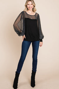 Super Lady Black Sheer Metallic Lantern Sleeve Knit Top