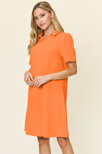 Double Take Solid Color Textured Collared Short Sleeve Dress