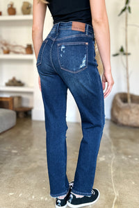 Judy Blue High Waist Destroyed Dark Blue Denim Straight Leg Jeans