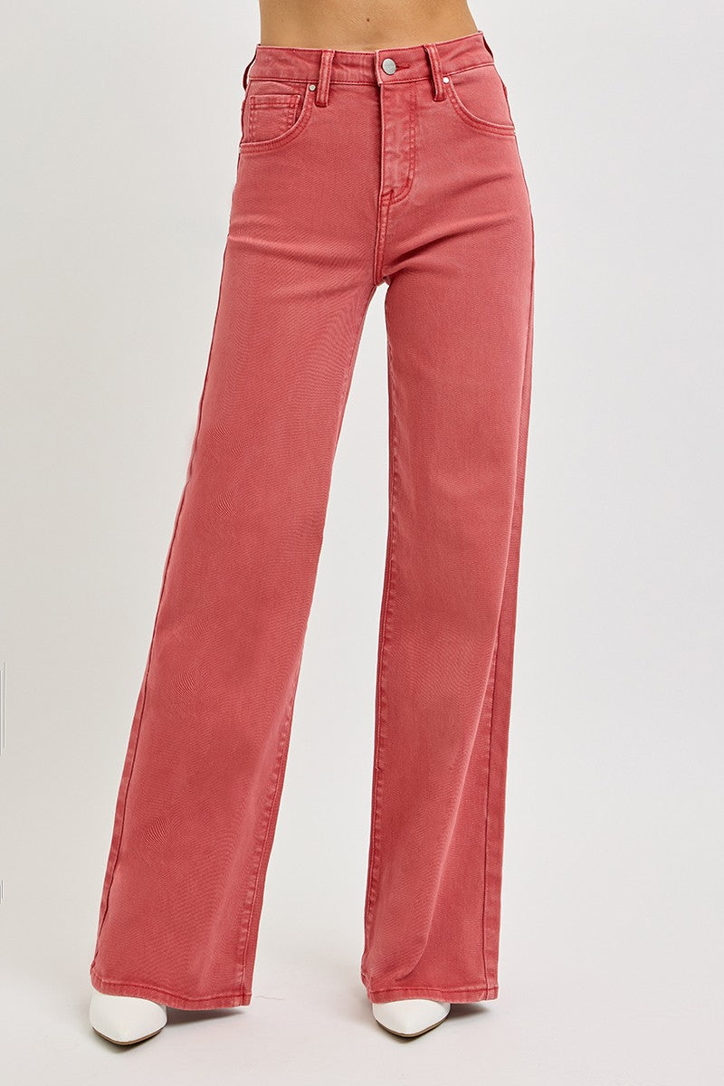 RISEN Tummy Control Wide Leg Red Denim Jeans