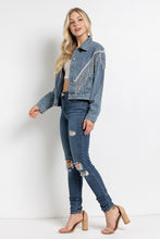 Ladda upp bild till gallerivisning, Sweet Generis Washed Rhinestone Fringe Cropped Denim Jacket
