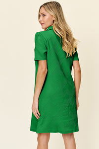 Double Take Solid Color Textured Collared Short Sleeve Dress