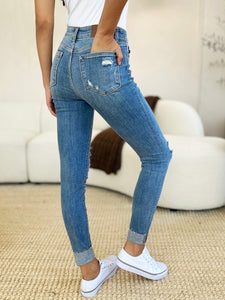 Judy Blue Mid Rise Distressed Cuffed Blue Denim Skinny Jeans