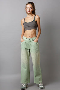 POL Green Gradient Rhinestone Embellished Wide Leg Pants