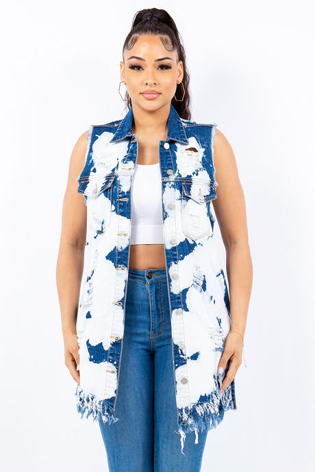 American Bazi Distressed Longline Blue Denim Vest