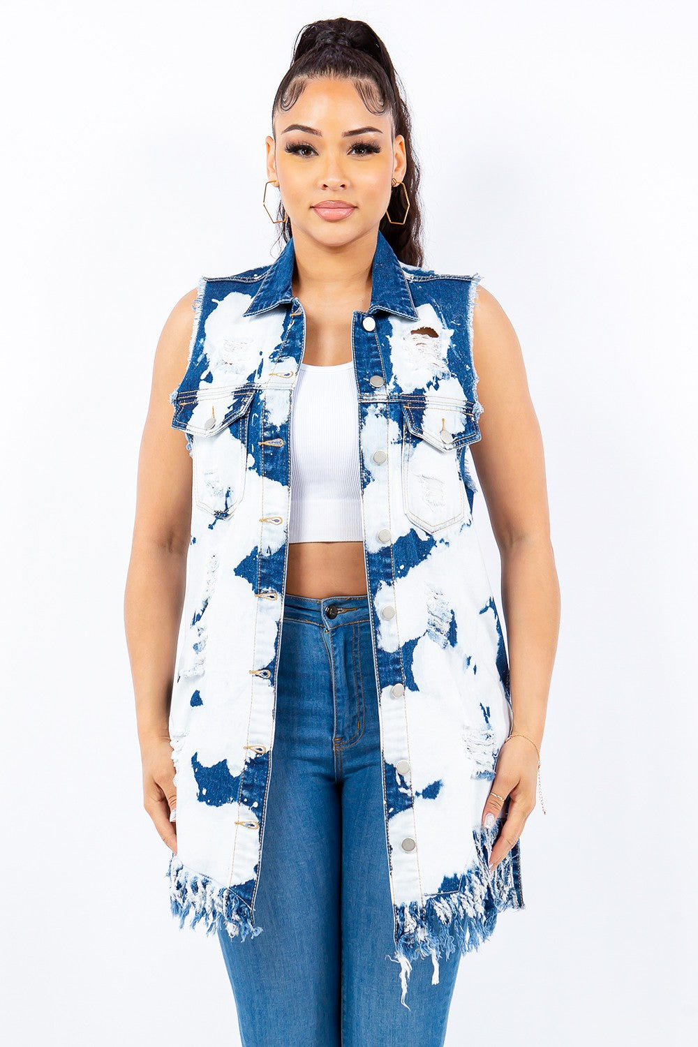 American Bazi Distressed Longline Blue Denim Vest