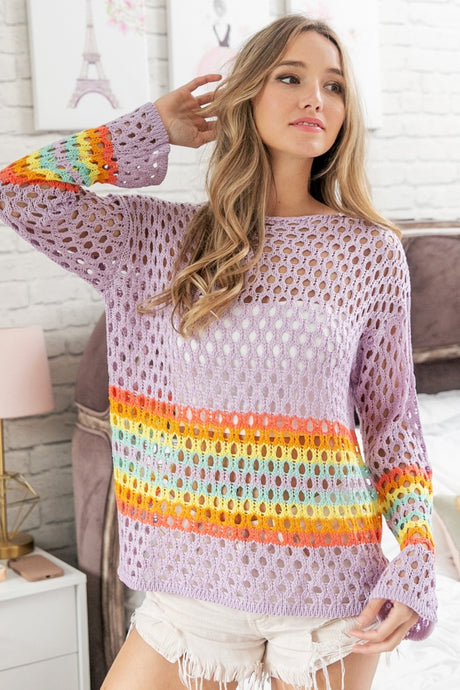 BiBi Rainbow Striped Hollow Out Cover Up Style Top